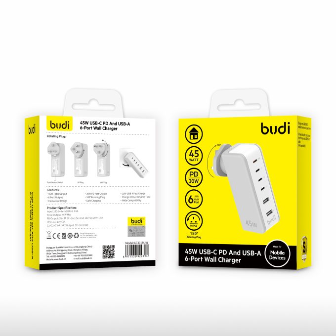 Budi 45W USB-C & USB-A 6-Port Wall Charger