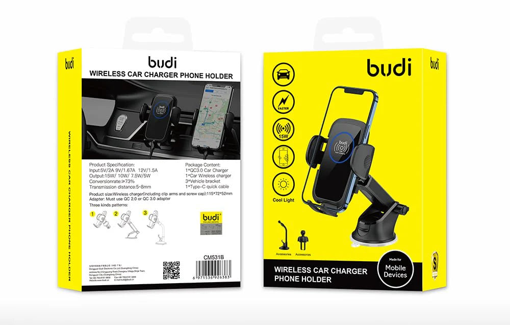 Budi 15W Wireless Car Charger Phone Holder