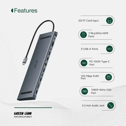 Green Lion 12-in-1 4K HDMI Ethernet USB-C Hub - Gray
